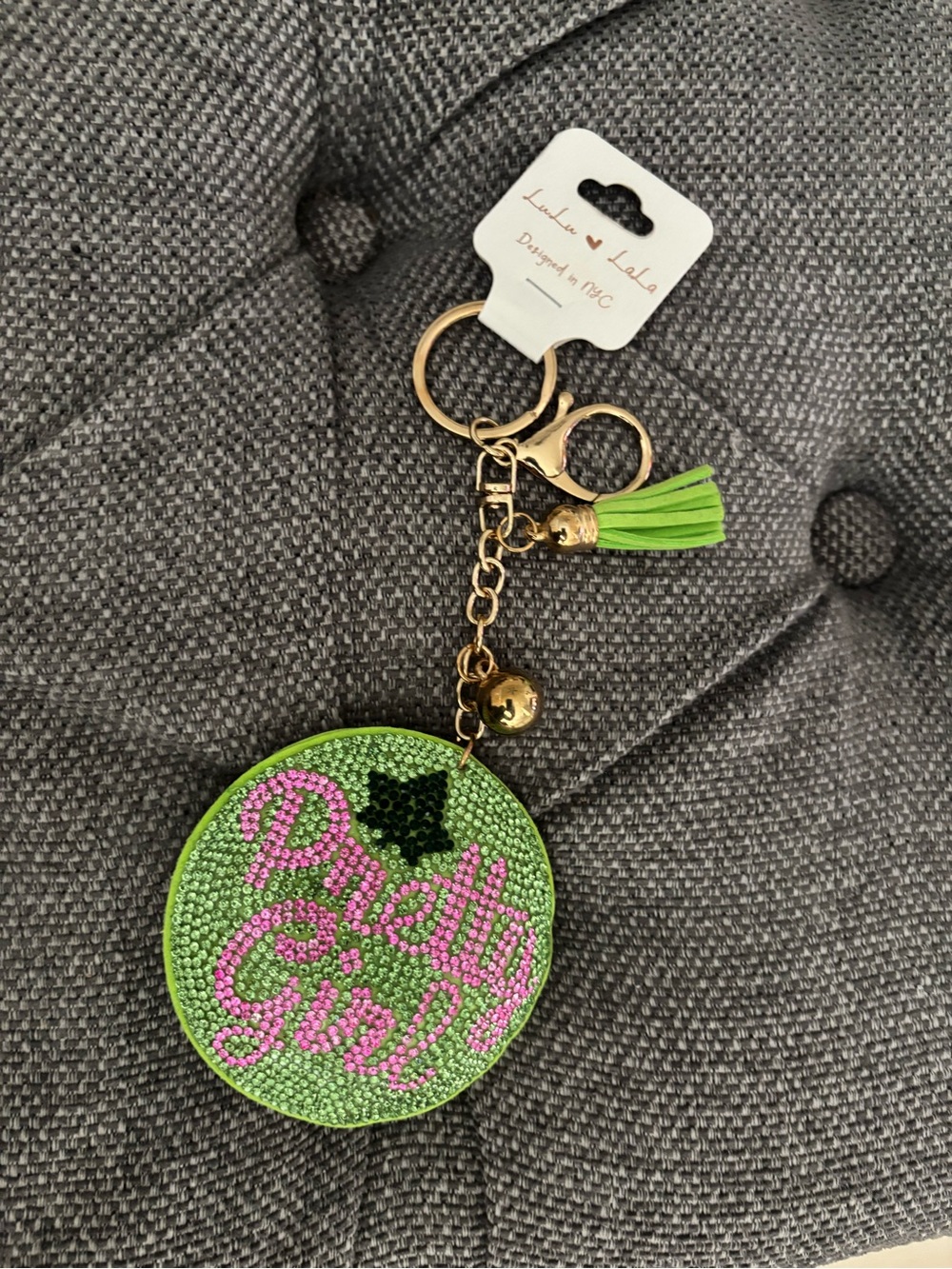 Pretty Girl Green Crystal Key chain with Gold Hardware